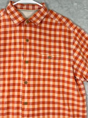 Tommy Bahama Shirt Mens Large Orange Gingham Check Plaid Resort 100% Silk